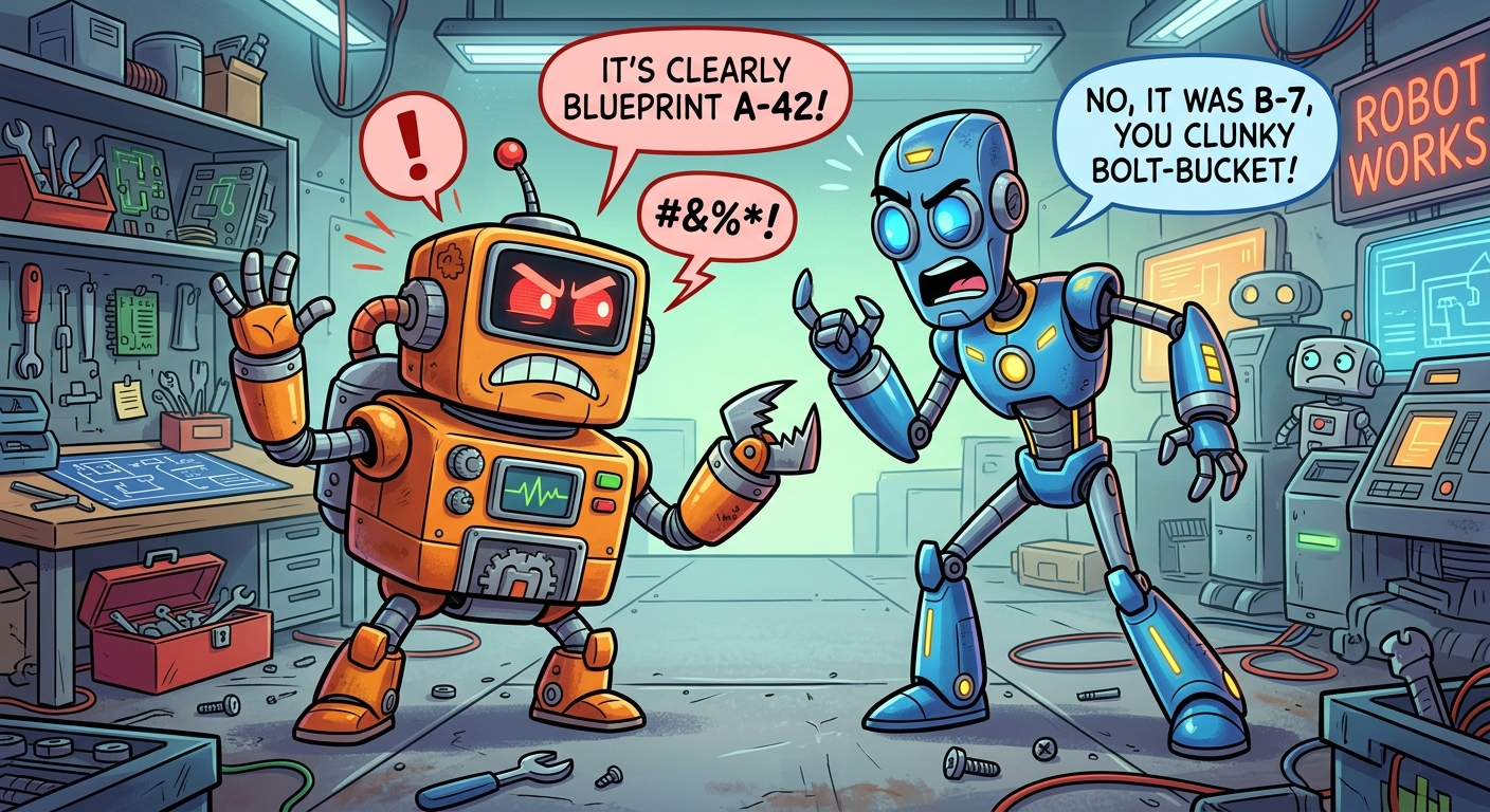 Two cartoon robots squaring up in a workshop, one shouting "It's clearly blueprint A-42" and the other shouting back "No, it was B-7, you clunky bolt-bucket", while a third robot watches from a screen in the background