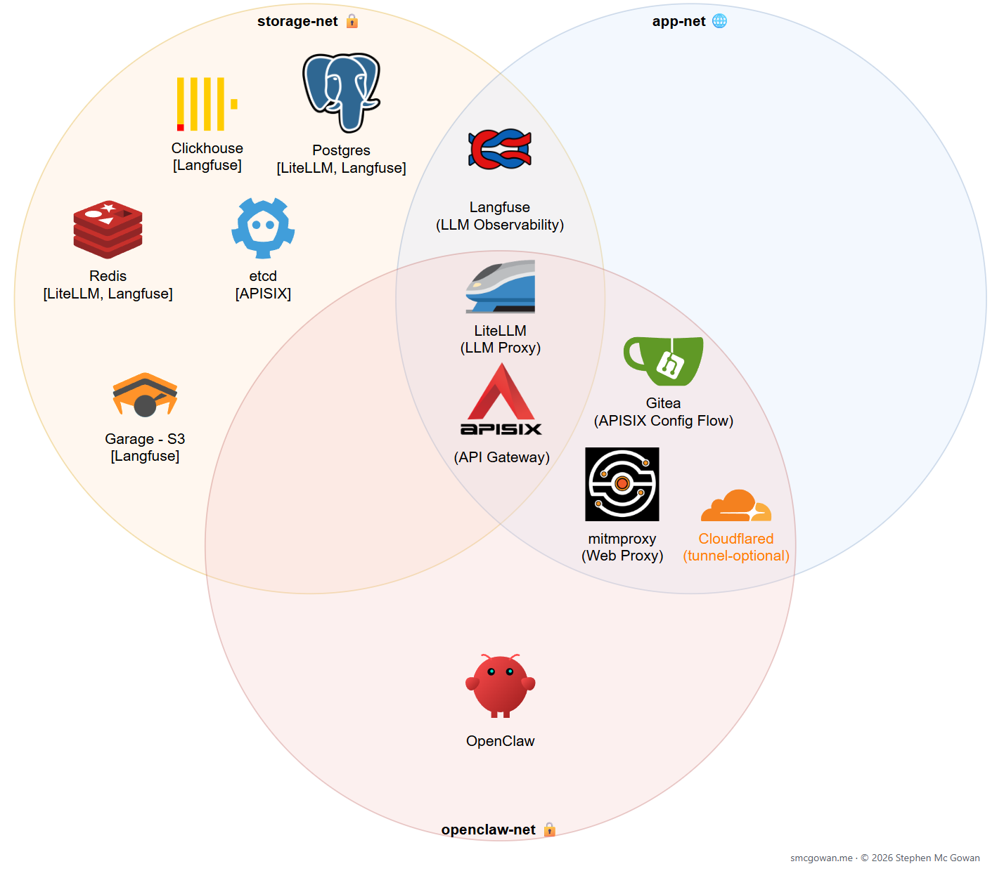 Network membership of the agent-containment stack: three isolated networks whose only overlaps are the API gateway, the LLM proxy, and the web proxy - the three controlled ways out